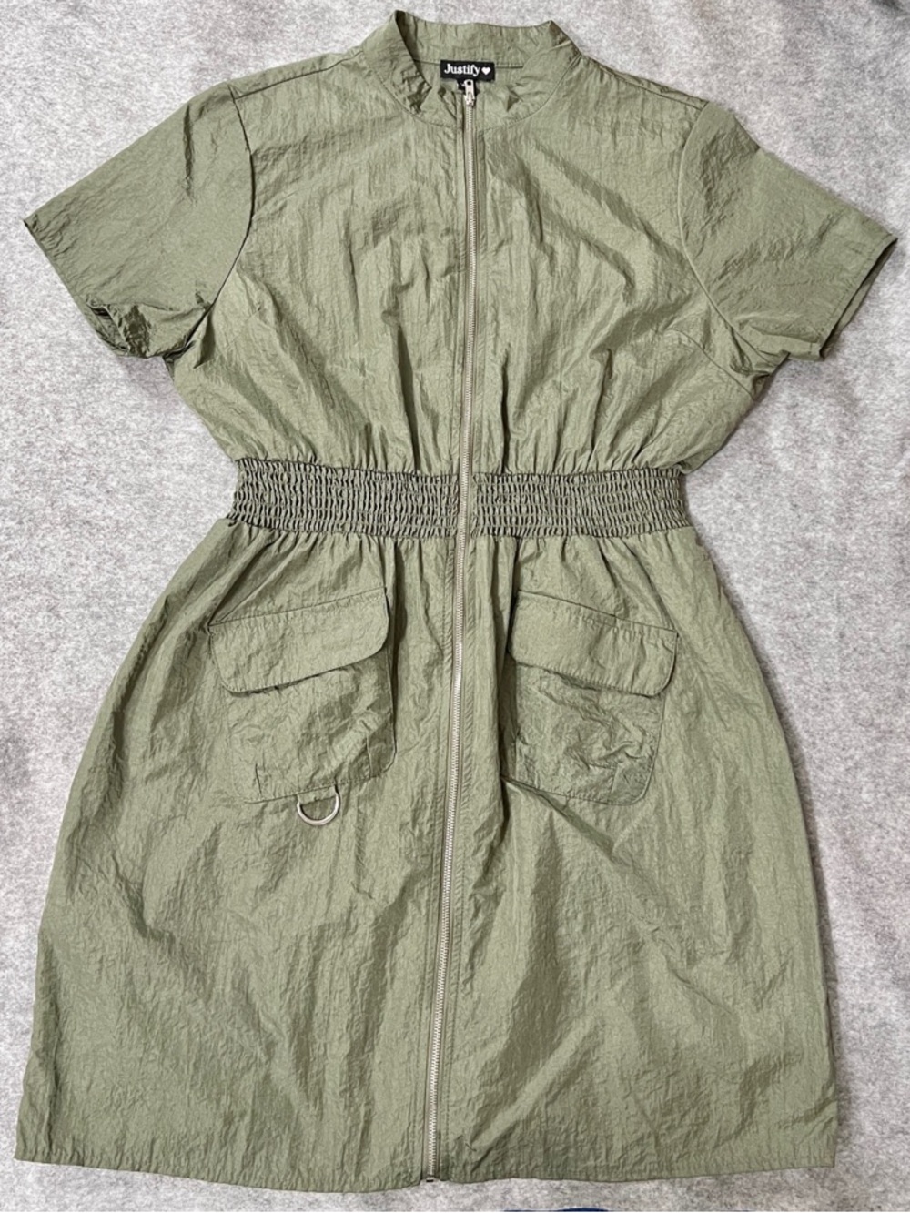 Justify olive utility mini dress with front zip and front pockets EUC